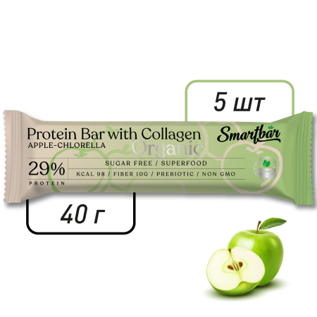 Батончик протеиновый Smartbar Protein ORGANIC "Яблоко и хлорелла", 5 шт. х 40 г